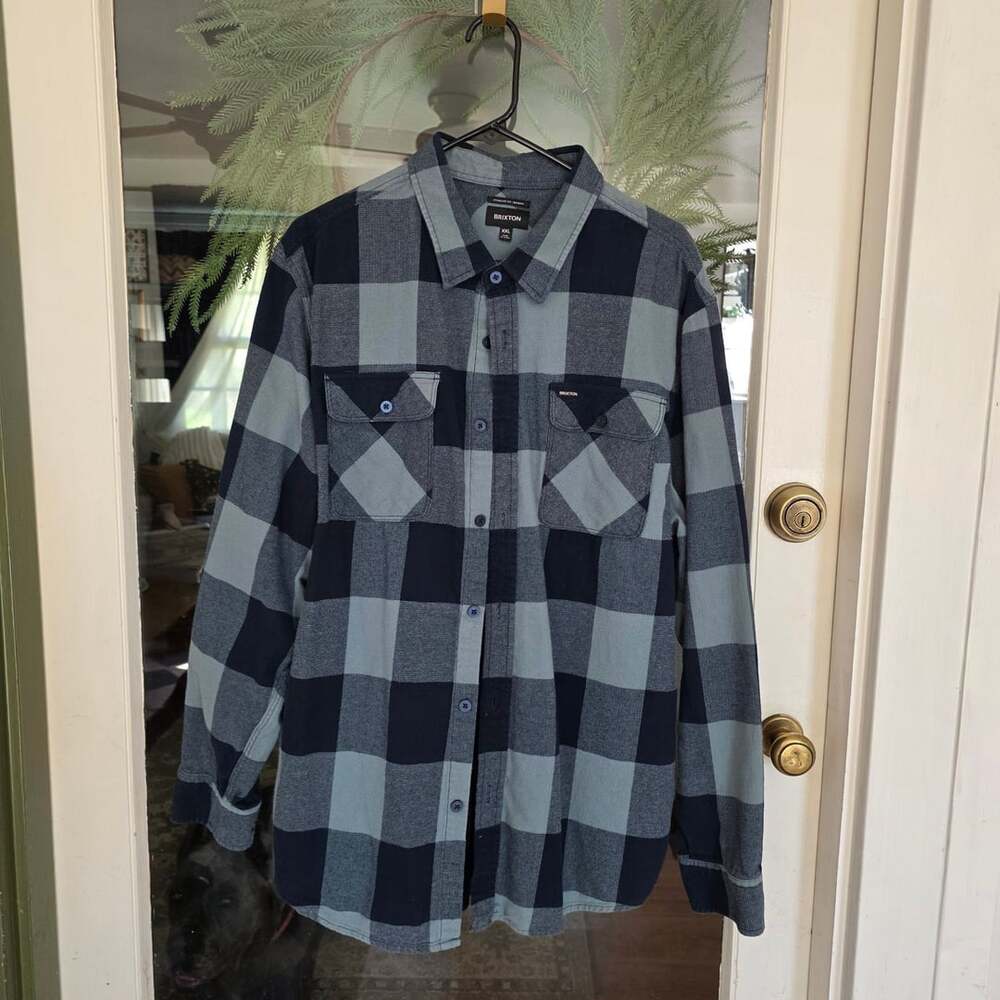 Brixton Mens Long Sleeve Button Up Flannel Plaid Shirt Gray Navy Buffalo Check